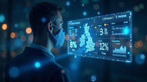 Encabezado fotorrealista: ejecutivo del Reino Unido con un panel holográfico de criptomonedas que muestra 8% y 12% desvanecido, documentos regulatorios y bandera del Reino Unido.
