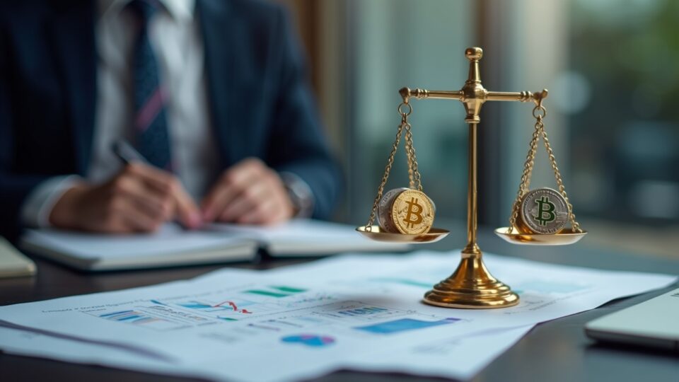 Escritorio fotorrealista con iconos cripto, documentos y una balanza, ilustrando la regulación cripto del Reino Unido y la supervisión de la FCA