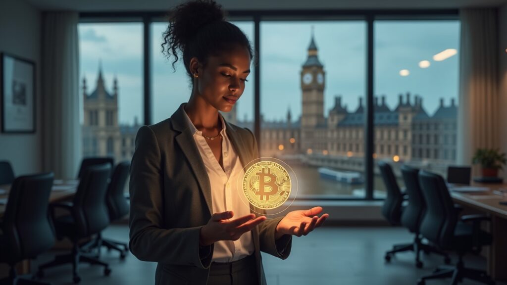 Un parlamentario británico diverso presenta un holograma de una stablecoin sobre un plan regulatorio pro‑innovación, con el Parlamento al fondo.