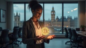 Un parlamentario británico diverso presenta un holograma de una stablecoin sobre un plan regulatorio pro‑innovación, con el Parlamento al fondo.