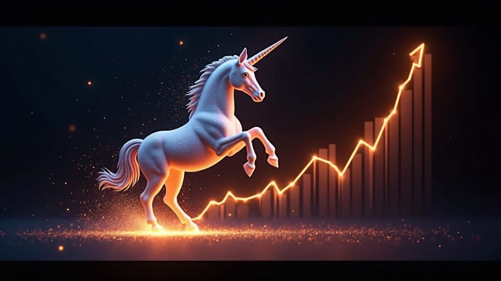 Unicornio fotorrealista de Uniswap disolviéndose en partículas digitales mientras se queman 100M UNI, con un gráfico luminoso del flujo de comisiones.