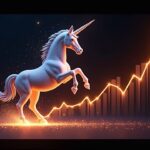 Unicornio fotorrealista de Uniswap disolviéndose en partículas digitales mientras se queman 100M UNI, con un gráfico luminoso del flujo de comisiones.