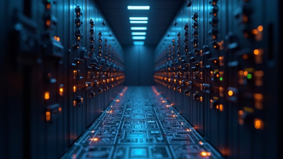 Bóveda fotorealista de almacenamiento en frío para criptomonedas con carteras de hardware resplandecientes y tokens que entran en cajas fuertes fuera de línea.