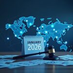 Encabezado de sala de prensa fotorrealista que muestra un calendario de enero de 2026, un mapa de blockchain, un mazo y el logotipo de una stablecoin.