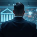 Imagen fotorrealista de un regulador US con traje, bancos desvaneciéndose, iconos de criptomonedas bloqueados y un elegante telón de fondo de sala de redacción.