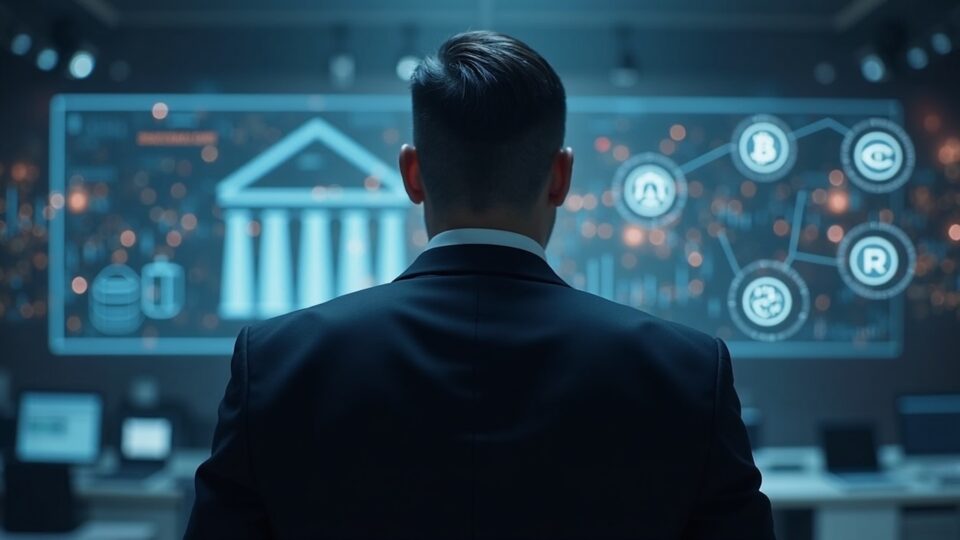 Imagen fotorrealista de un regulador US con traje, bancos desvaneciéndose, iconos de criptomonedas bloqueados y un elegante telón de fondo de sala de redacción.