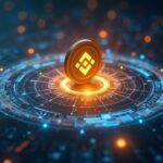Moneda USD1 fotorrealista orbitando un audaz logotipo de Binance con reservas digitales fluyendo hacia un centro DeFi futurista.