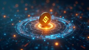 Moneda USD1 fotorrealista orbitando un audaz logotipo de Binance con reservas digitales fluyendo hacia un centro DeFi futurista.