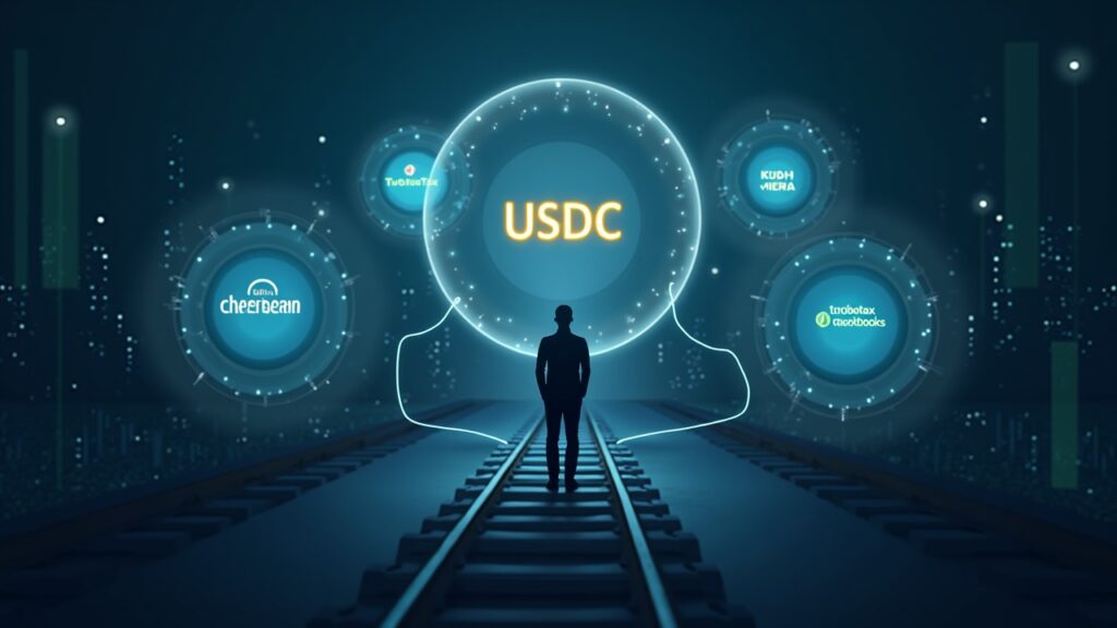 Ejecutivo fotorrealista con un logotipo de USDC luminoso, conectado por vías digitales a los iconos de TurboTax, QuickBooks y Credit Karma.
