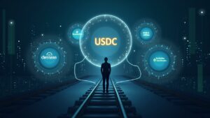 Ejecutivo fotorrealista con un logotipo de USDC luminoso, conectado por vías digitales a los iconos de TurboTax, QuickBooks y Credit Karma.