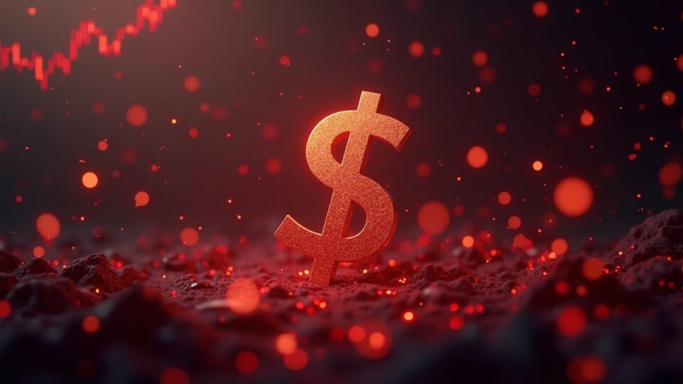 Fotorealista desanclaje de USDe cerca de $0.65 en medio de una tormenta de datos del mercado en rojo y tenues motivos de blockchain.