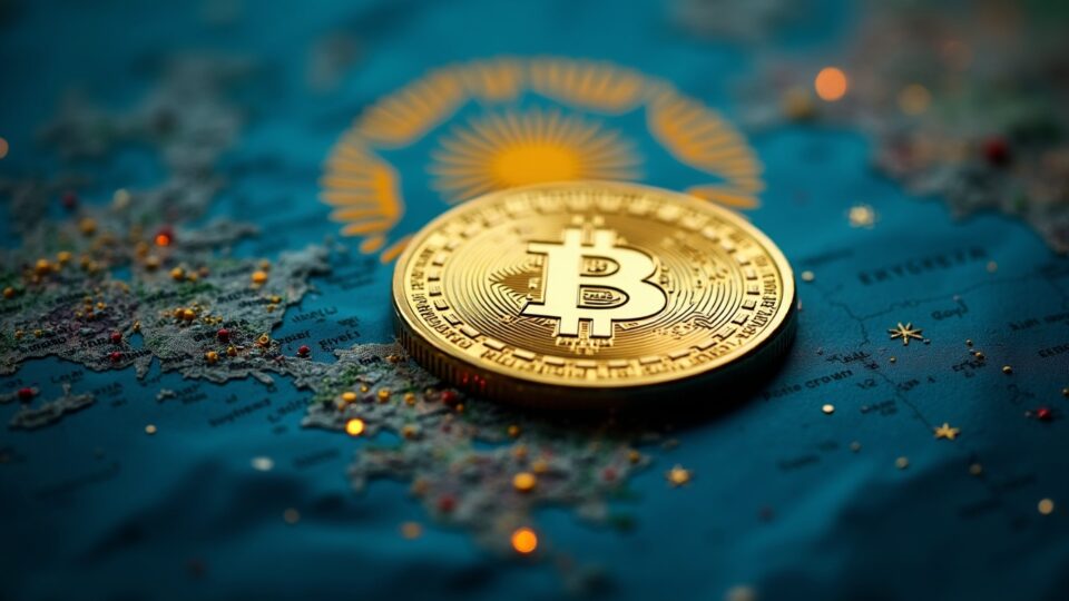 Token USDKG hiperrealista respaldado por oro sobre un mapa mundial digital con la bandera de Kirguistán, simbolizando la modernización de los pagos transfronterizos.