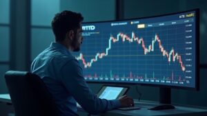 Profesional en una oficina moderna revisa un panel de ETFs cripto con BITB, HODL, XRP, SOL; marca Vanguard visible.