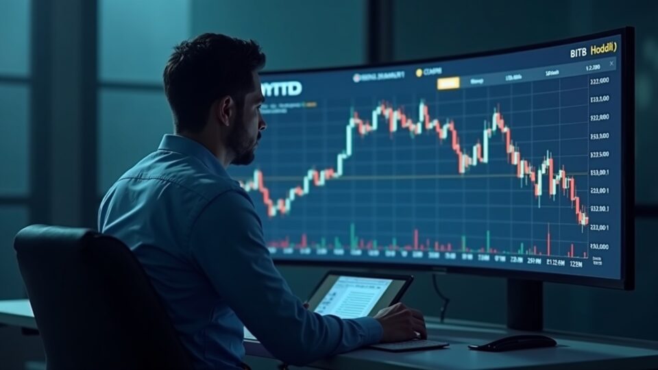 Profesional en una oficina moderna revisa un panel de ETFs cripto con BITB, HODL, XRP, SOL; marca Vanguard visible.