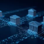Escena fotorrealista de bancos de EE. UU. conectados por raíles digitales luminosos que transportan USDC, ilustrando la liquidación casi en tiempo real.