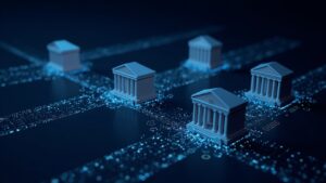 Escena fotorrealista de bancos de EE. UU. conectados por raíles digitales luminosos que transportan USDC, ilustrando la liquidación casi en tiempo real.