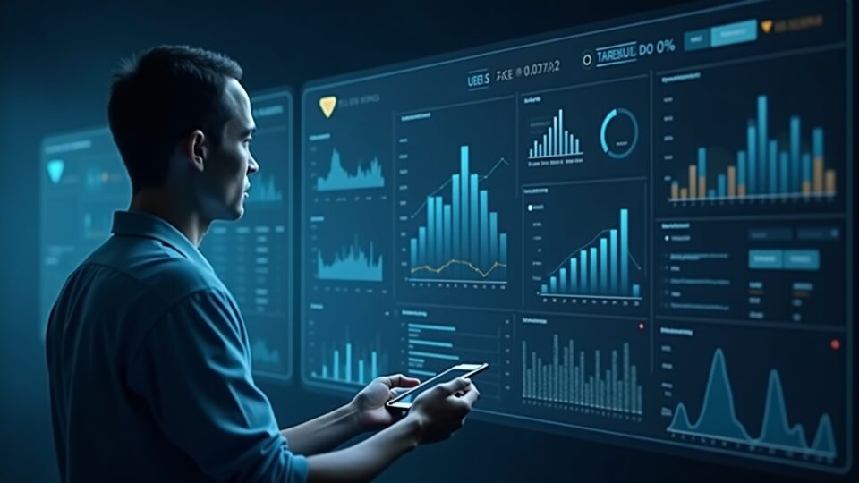 Un profesional financiero revisa un panel de activos del mundo real con sutiles superposiciones de blockchain, señalando el crowdlending Web3.