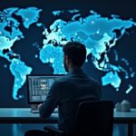 Redacción realista con un analista de seguridad en un escritorio de alta tecnología, llaves holográficas y un mapa mundial destacando North Korea.