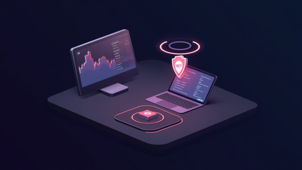 Mesa de trading futurista con un fragmento de WLFI, un gráfico de precios y un halo USD1 que señala la adopción de DeFi y los lanzamientos RWA de 2026.