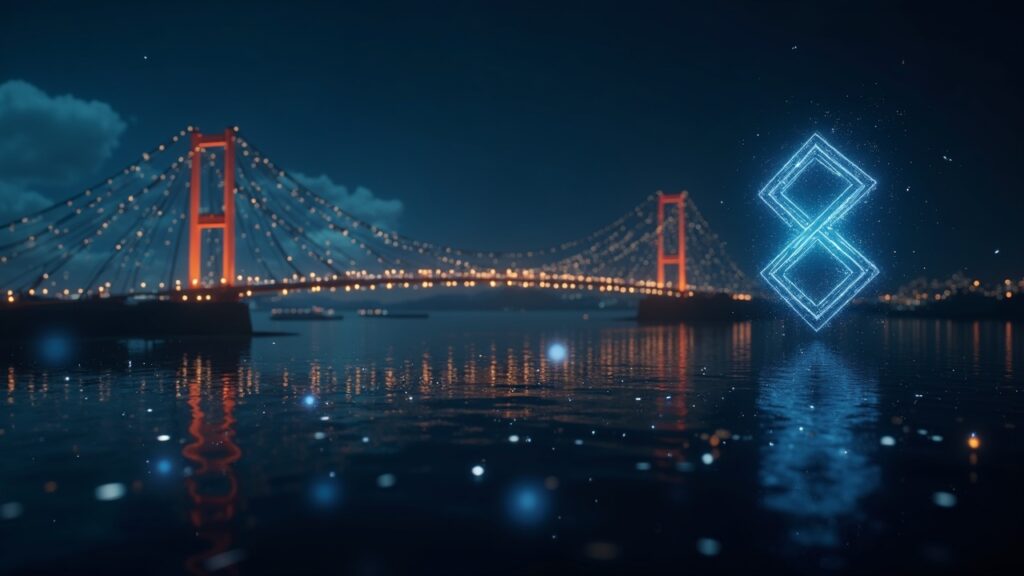 Redacción fotorrealista con un analista junto a un puente intercadena resplandeciente para la liquidez de Wrapped XRP, monedas fluyendo.