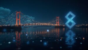 Redacción fotorrealista con un analista junto a un puente intercadena resplandeciente para la liquidez de Wrapped XRP, monedas fluyendo.