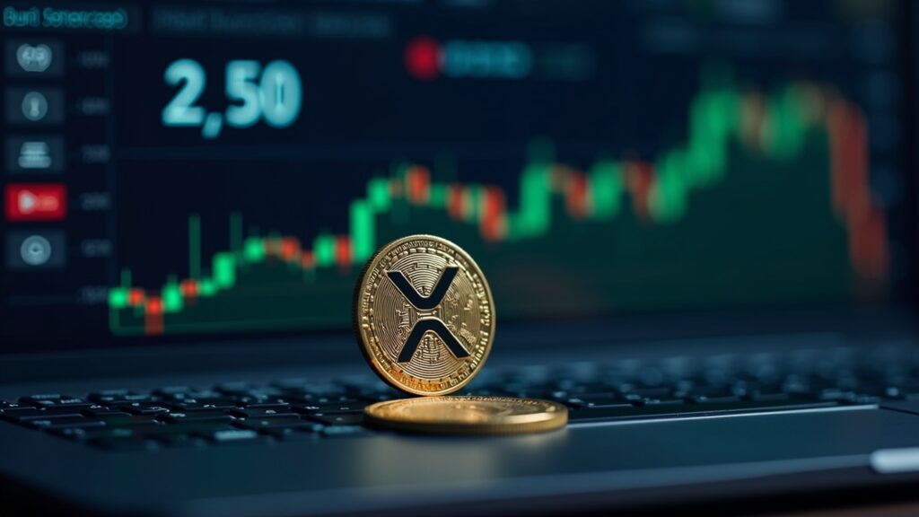 Moneda XRP fotorrealista en el centro, gráfico ascendente hasta 2.50, mesa de operaciones tensa, datos y nodos en streaming, fondo sutil de error.