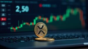 Moneda XRP fotorrealista en el centro, gráfico ascendente hasta 2.50, mesa de operaciones tensa, datos y nodos en streaming, fondo sutil de error.