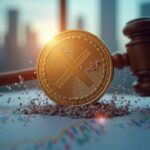 Moneda XRP rompiendo documentos legales mientras un mazo se disuelve en partículas digitales, con gráficos en alza y un horizonte urbano.