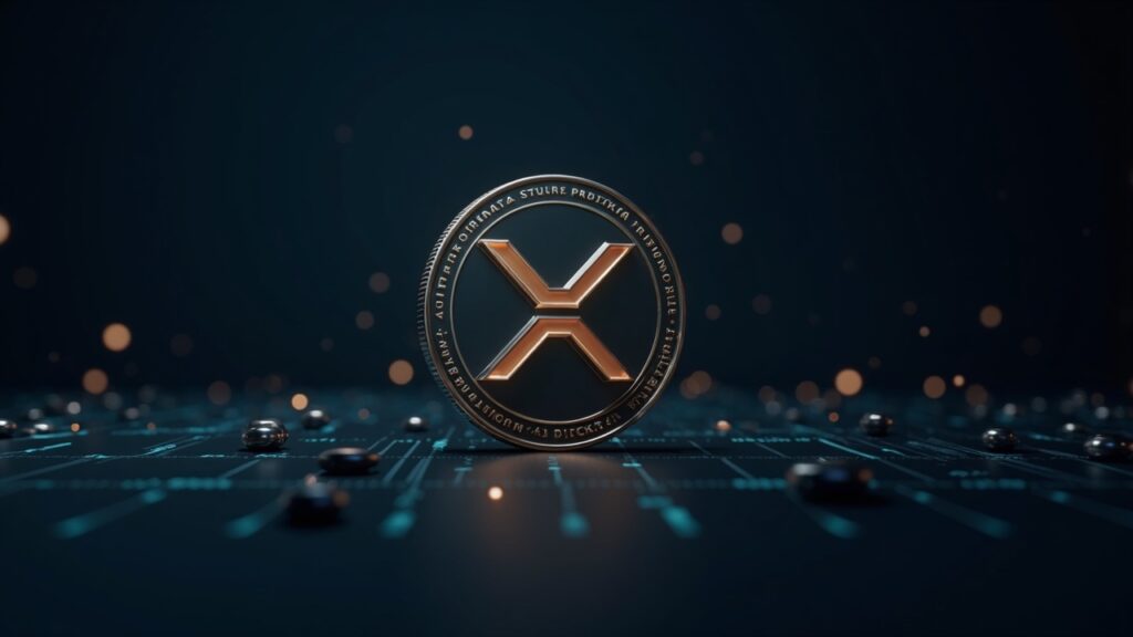 Moneda XRP fotorrealista frente a una tenue cuadrícula de red digital con un ticker de precios por debajo de 2.00, señalando tensión de liquidez