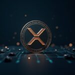Moneda XRP fotorrealista frente a una tenue cuadrícula de red digital con un ticker de precios por debajo de 2.00, señalando tensión de liquidez