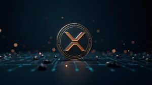 Moneda XRP fotorrealista frente a una tenue cuadrícula de red digital con un ticker de precios por debajo de 2.00, señalando tensión de liquidez