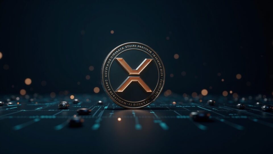 Moneda XRP fotorrealista frente a una tenue cuadrícula de red digital con un ticker de precios por debajo de 2.00, señalando tensión de liquidez