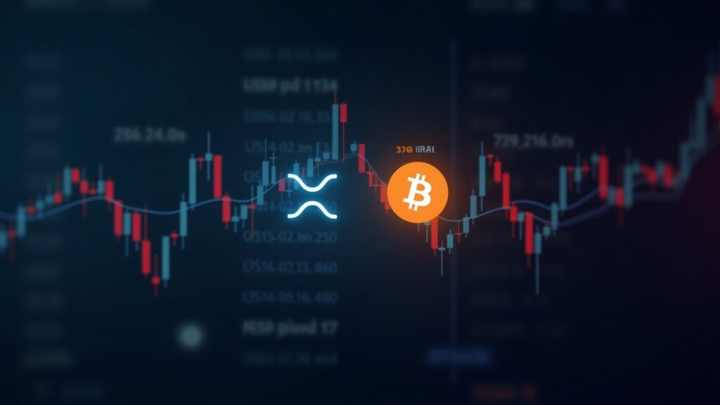 Imagen fotorrealista que muestra los logotipos de XRP y Bitcoin en un gráfico de precios digital, XRP dirigiéndose hacia un retest de 2.05 con una línea de tendencia bajista