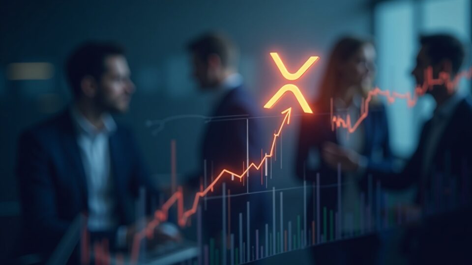 Logotipo fotorrealista de XRP sobre un gráfico ascendente con flechas de divergencia alcista y siluetas institucionales en el fondo.