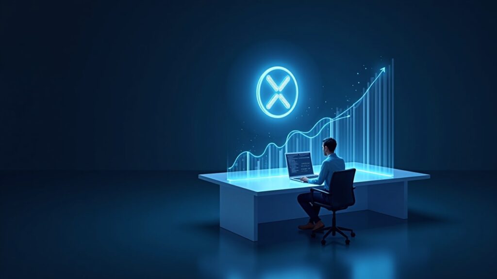Analista fotorealista en un escritorio elegante con un token XRP holográfico y un gráfico de entradas en aumento, fondo del mercado cripto.