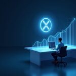 Analista fotorealista en un escritorio elegante con un token XRP holográfico y un gráfico de entradas en aumento, fondo del mercado cripto.