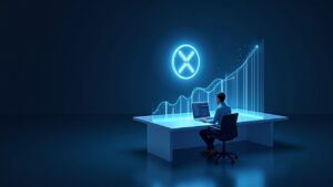 Analista fotorealista en un escritorio elegante con un token XRP holográfico y un gráfico de entradas en aumento, fondo del mercado cripto.