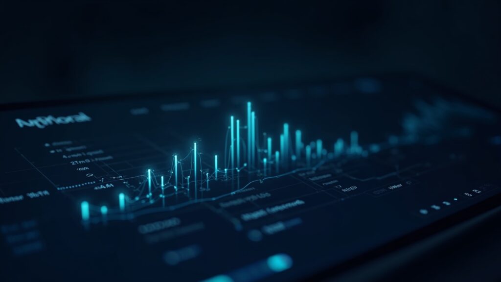 Un analista observa flujos luminosos de XRP en un panel descentralizado con el logotipo de XRP y líneas de cadena de bloques.