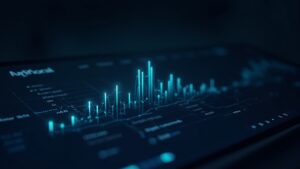 Un analista observa flujos luminosos de XRP en un panel descentralizado con el logotipo de XRP y líneas de cadena de bloques.