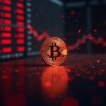 Piso de negociación fotorrealista que muestra el auge de Bitcoin, liquidaciones en rojo y XRP desvaneciéndose en primer plano para representar el choque del mercado.