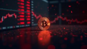 Piso de negociación fotorrealista que muestra el auge de Bitcoin, liquidaciones en rojo y XRP desvaneciéndose en primer plano para representar el choque del mercado.