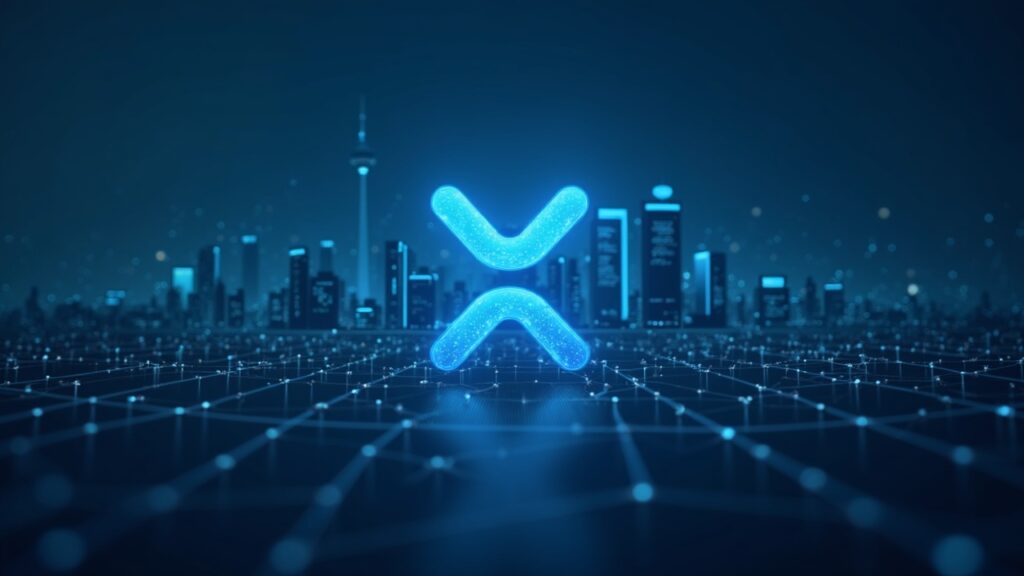 Logotipo de XRP centrado sobre el skyline de un banco moderno con líneas de red, señalando liquidez institucional y ODL.