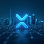 Logotipo de XRP centrado sobre el skyline de un banco moderno con líneas de red, señalando liquidez institucional y ODL.