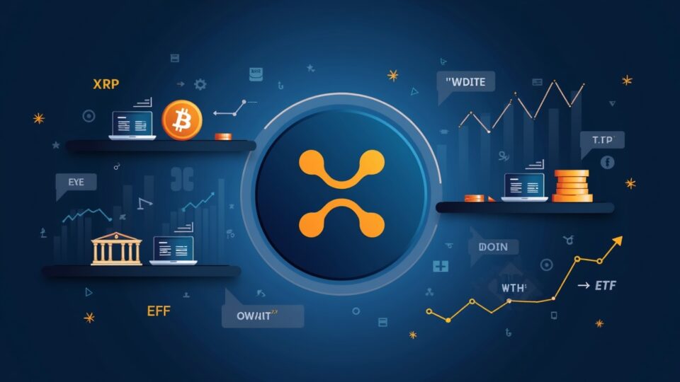 Encabezado fotorrealista: logotipo de XRP centrado, estanterías de exchanges en proceso de adelgazamiento, gráfico de Bitcoin, flechas de entrada de ETF, motivos judiciales.