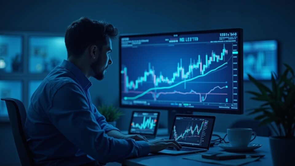 Noticias fotorrealistas: un trader analiza el gráfico de XRP con un doble techo, junto a un mapa multichain brillante y RLUSD en Capa 2s.
