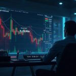 Sala de redacción fotorrealista con un operador en un escritorio; el gráfico del precio de XRP muestra una pausa de carga y un error, señalando una interrupción de datos.