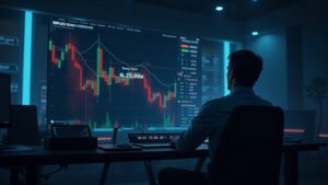 Sala de redacción fotorrealista con un operador en un escritorio; el gráfico del precio de XRP muestra una pausa de carga y un error, señalando una interrupción de datos.