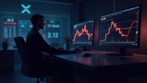 Comerciante fotorrealista en un escritorio elegante, logotipo de XRP en el monitor, gráfico de precios rojo cayendo por debajo de $2.12 con líneas de Cruz de la Muerte.