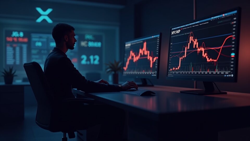 Comerciante fotorrealista en un escritorio elegante, logotipo de XRP en el monitor, gráfico de precios rojo cayendo por debajo de $2.12 con líneas de Cruz de la Muerte.
