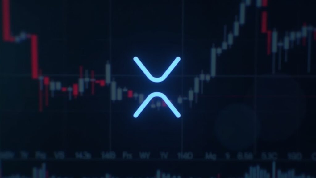 Cabecera realista de XRP con logo, precio cerca de 1.90, señales del gráfico mixtas, cruce de la muerte y señales de venta del MACD, operador frente a pantalla de datos